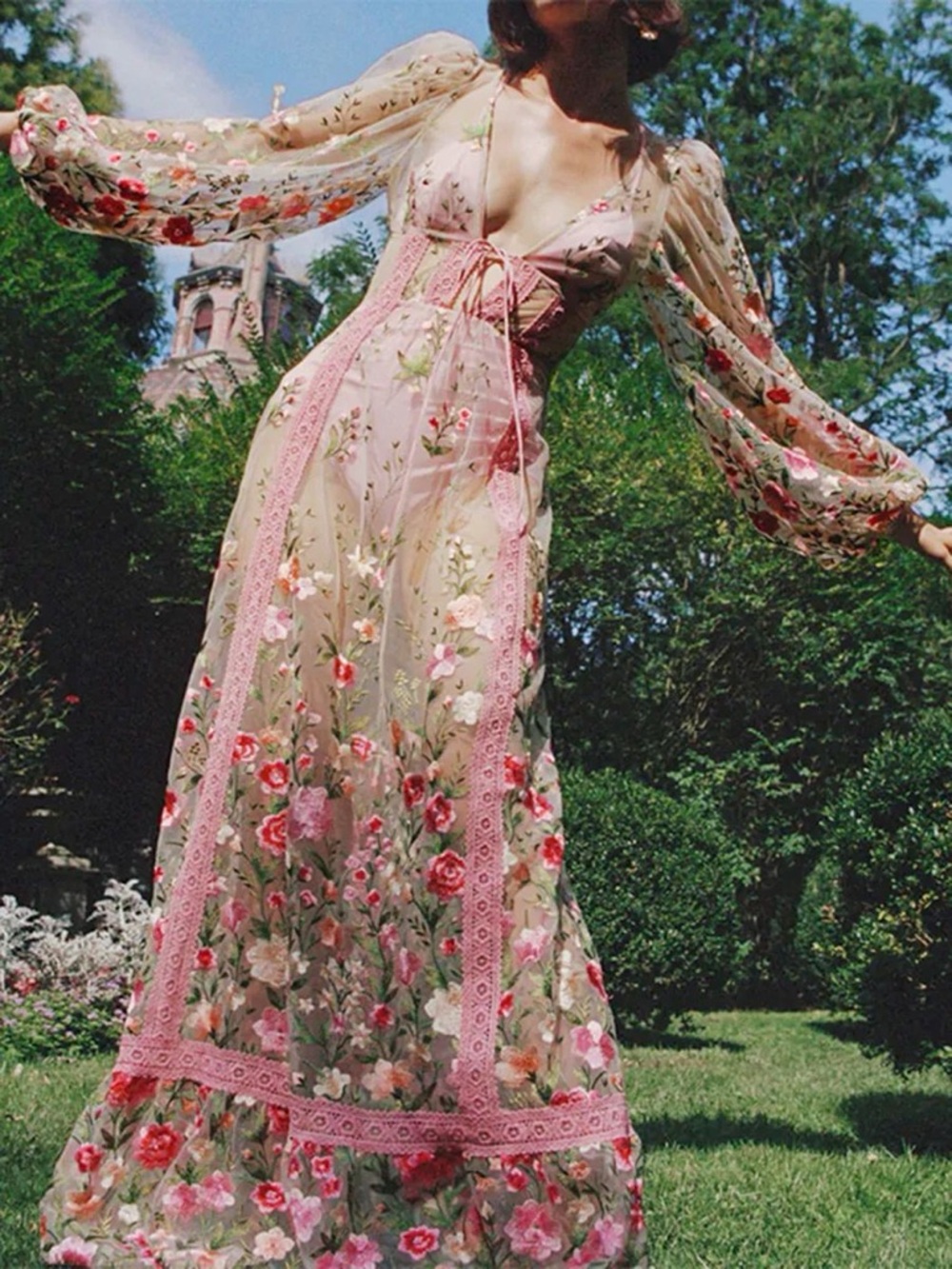 For Love & Lemons Sheer Floral Embroidered Maxi Dress in Pink and Green